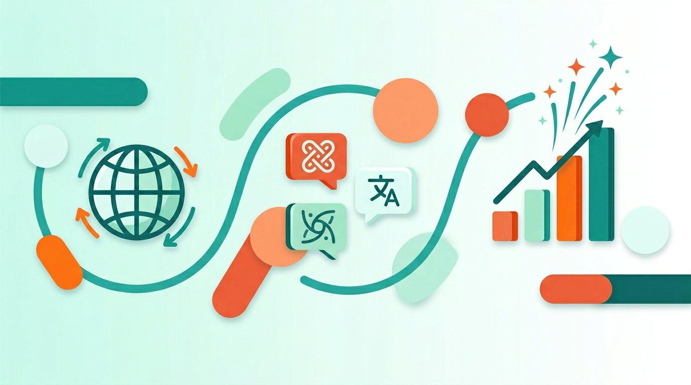Illustration: Globus mit Übersetzungspfeilen, Sprachblasen und aufsteigendem Balkendiagramm