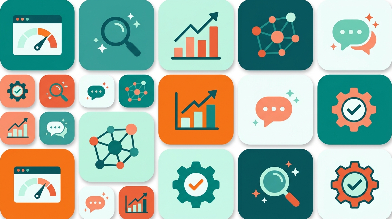 GEO-Tool-Stack 2026 — Mosaik aus Icons für AI-Search- und Monitoring-Tools